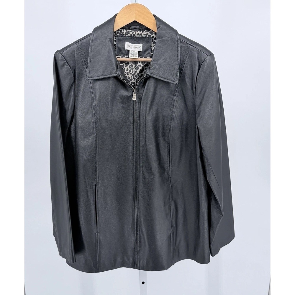 Vintage Kim Rogers Women's Black Leather Zip Front Jacket Size Large Y2K